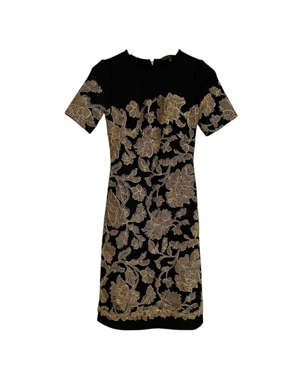 Tadashi Shoji Sabi Gold Black Floral Embroidered Short Sleeve A-Line Dress Sz 0